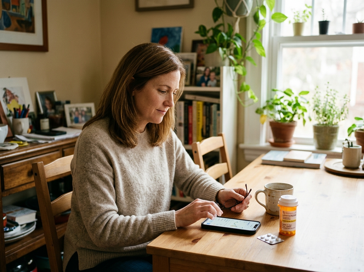A patient reviewing thyroid lab results on a phone or laptop at home with levothyroxine nearby