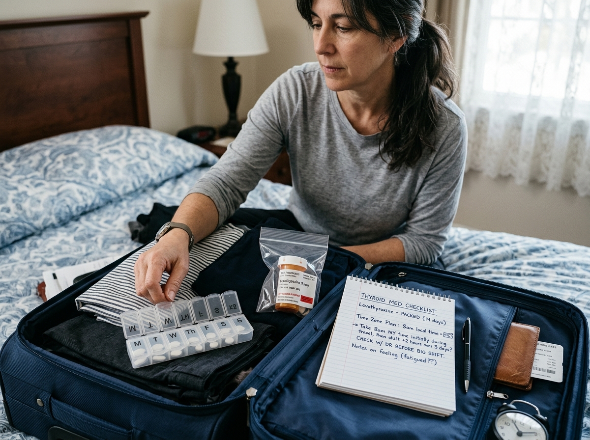Levothyroxine packed in a carry-on with a simple travel plan for time-zone changes