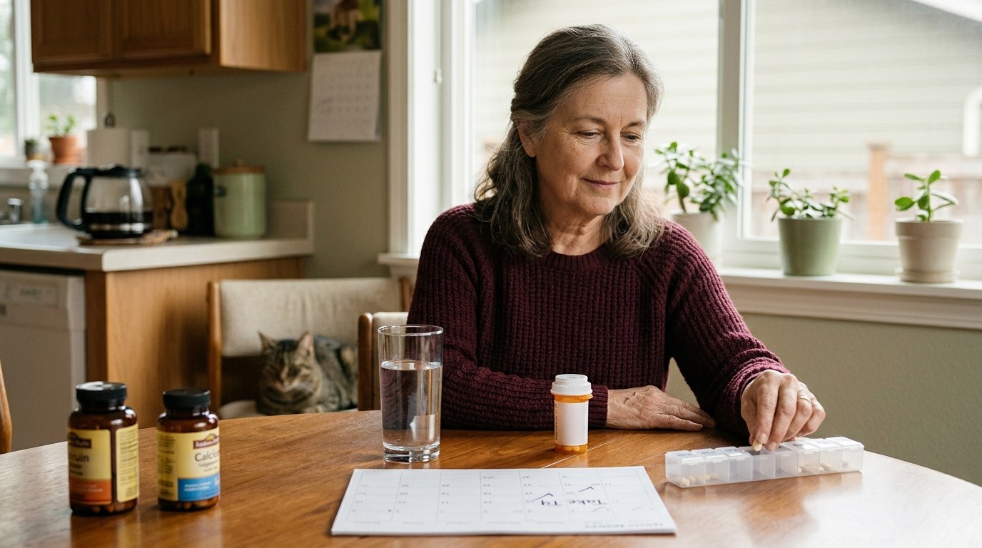 Older adult woman taking levothyroxine at home with water, while calcium and iron supplements are kept separately to reduce absorption problems