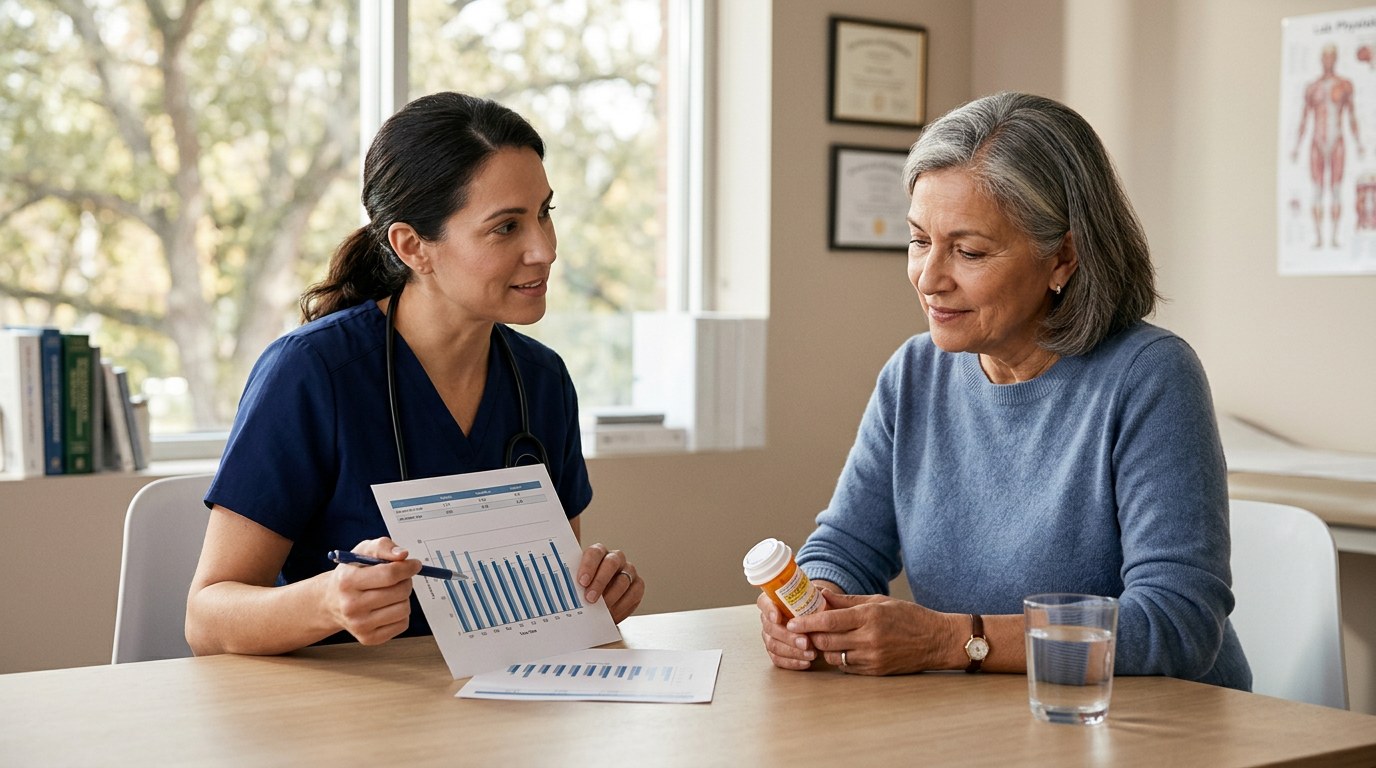 Older adult patient reviewing long-term levothyroxine treatment with a clinician during a follow-up visit, holding a prescription bottle and lab trend sheet