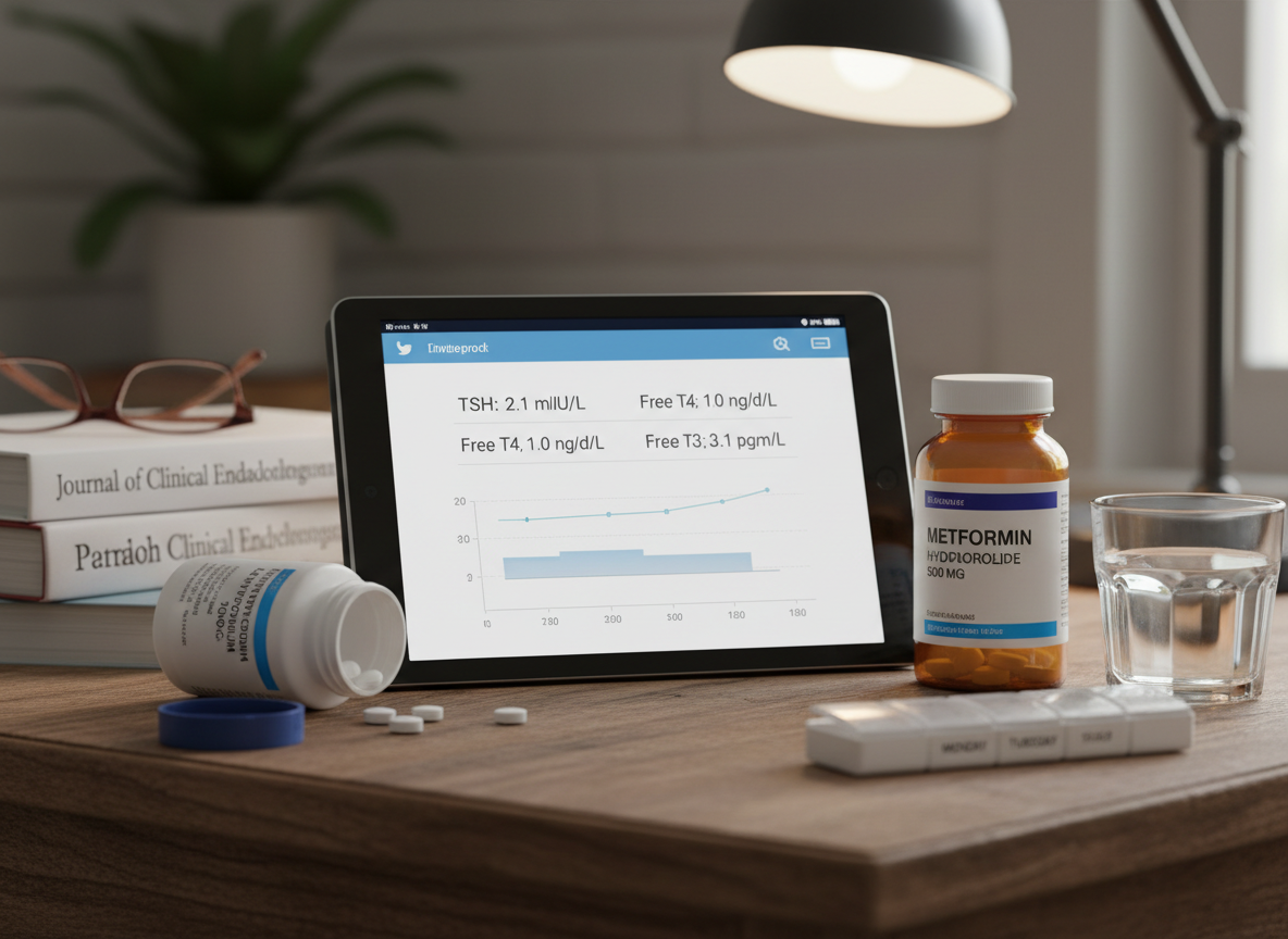 A thyroid lab review shown on a tablet beside metformin and levothyroxine bottles in a home routine