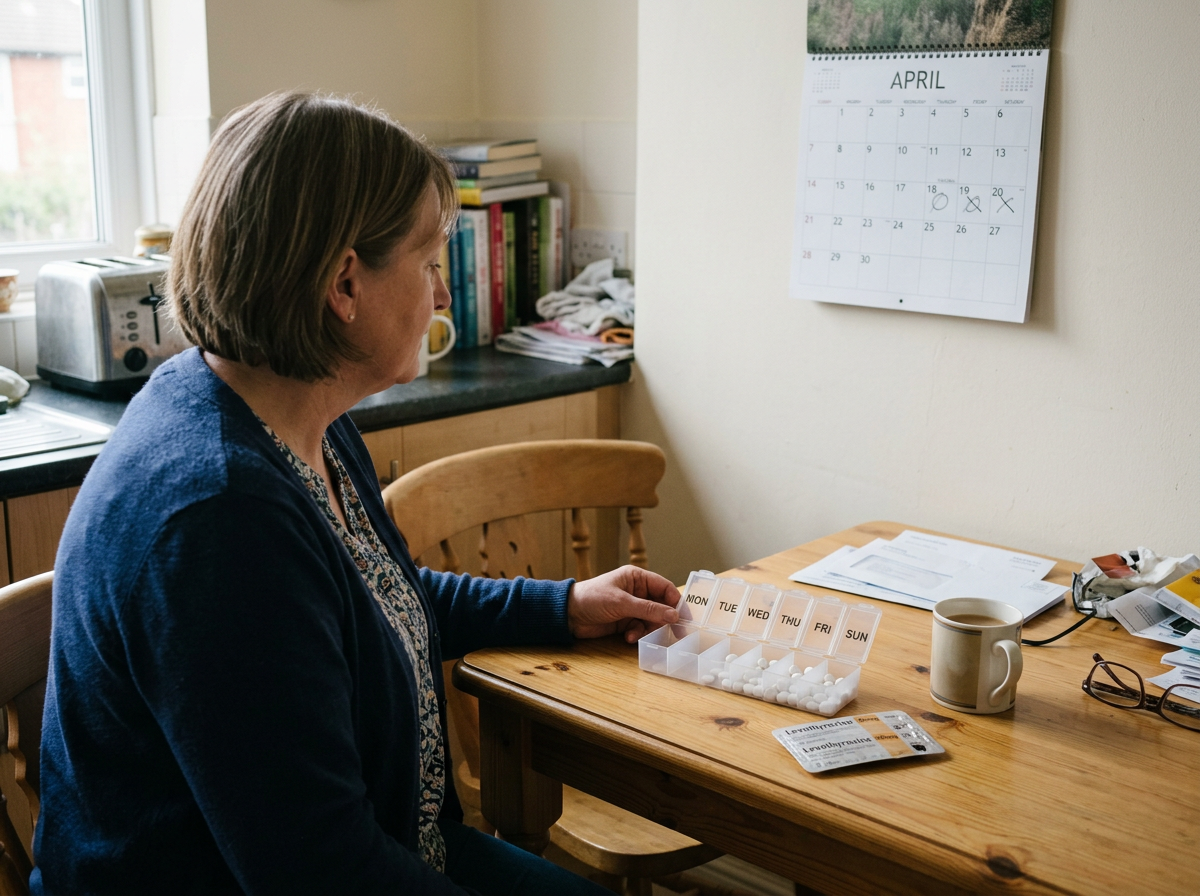 A weekly pill organizer showing a pattern of repeated missed levothyroxine doses