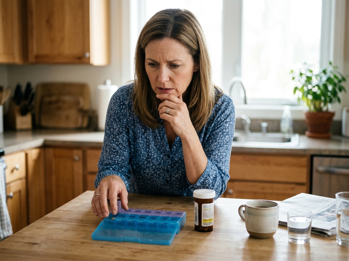 A patient at home realizing a possible double dose of levothyroxine while checking a weekly pill organizer and prescription bottle