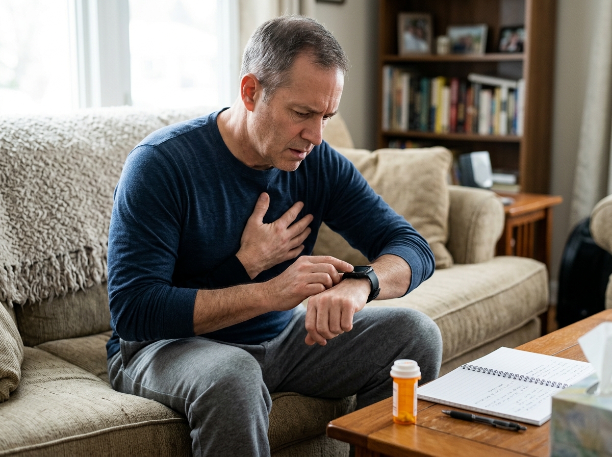 An adult patient at home checking pulse and smartwatch after possible levothyroxine overdose symptoms such as a racing heartbeat