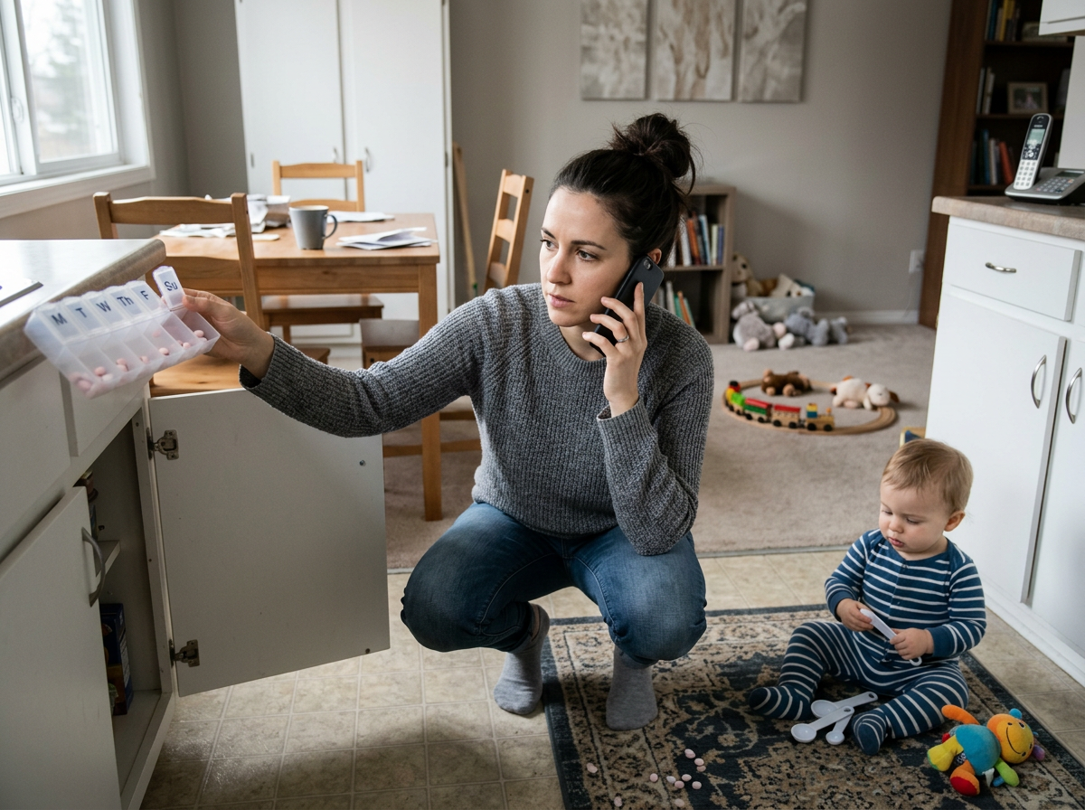 A parent calling Poison Control after finding a toddler near an open weekly medication organizer that may contain levothyroxine tablets
