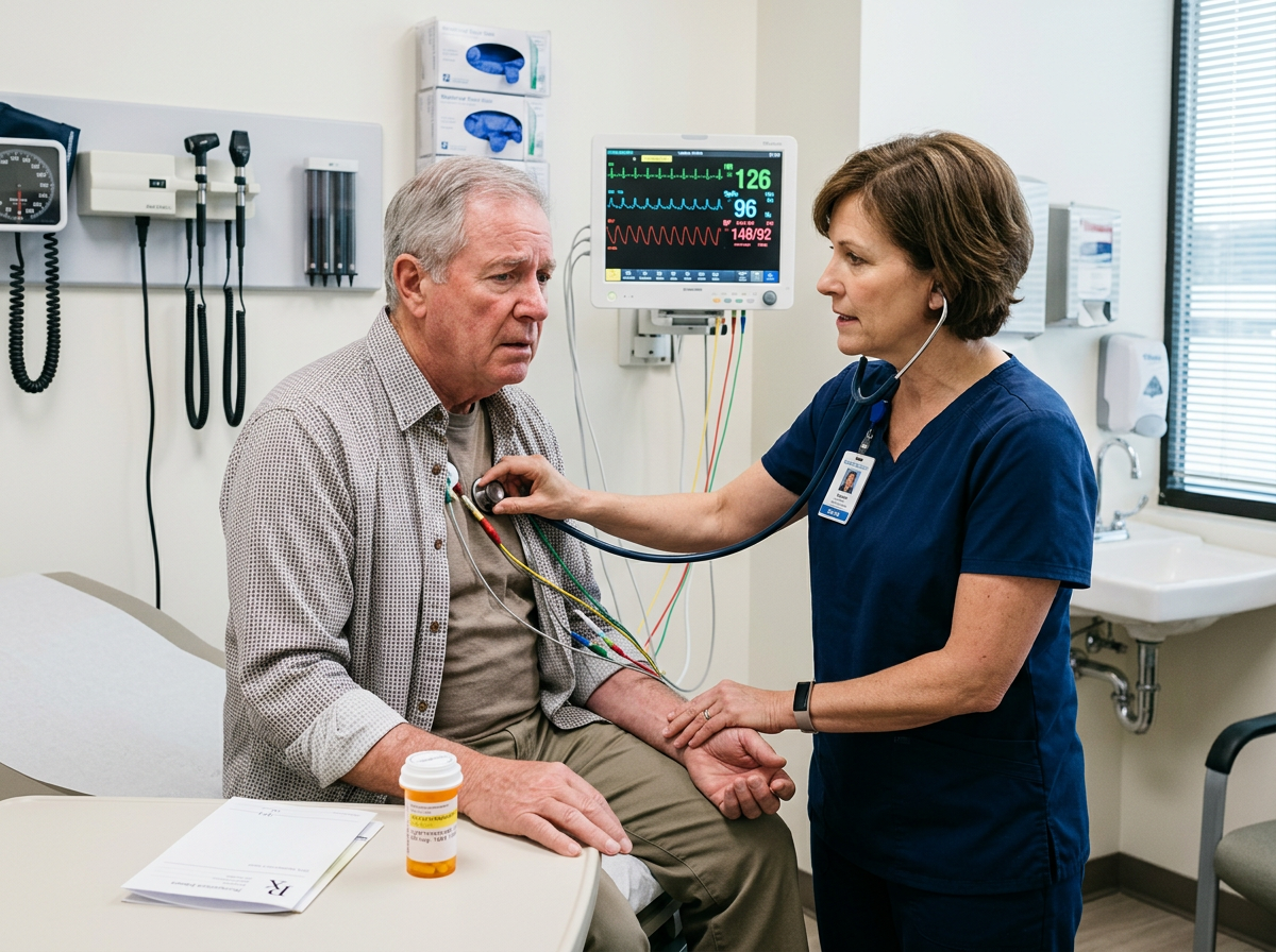 An older adult being evaluated in urgent care after possible levothyroxine overdose symptoms with cardiac monitoring in place