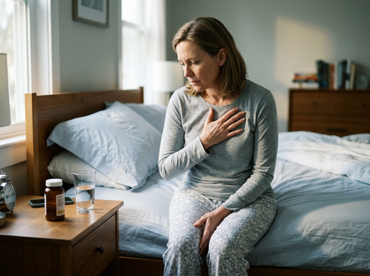A patient at home noticing heart palpitations after a recent levothyroxine dose change