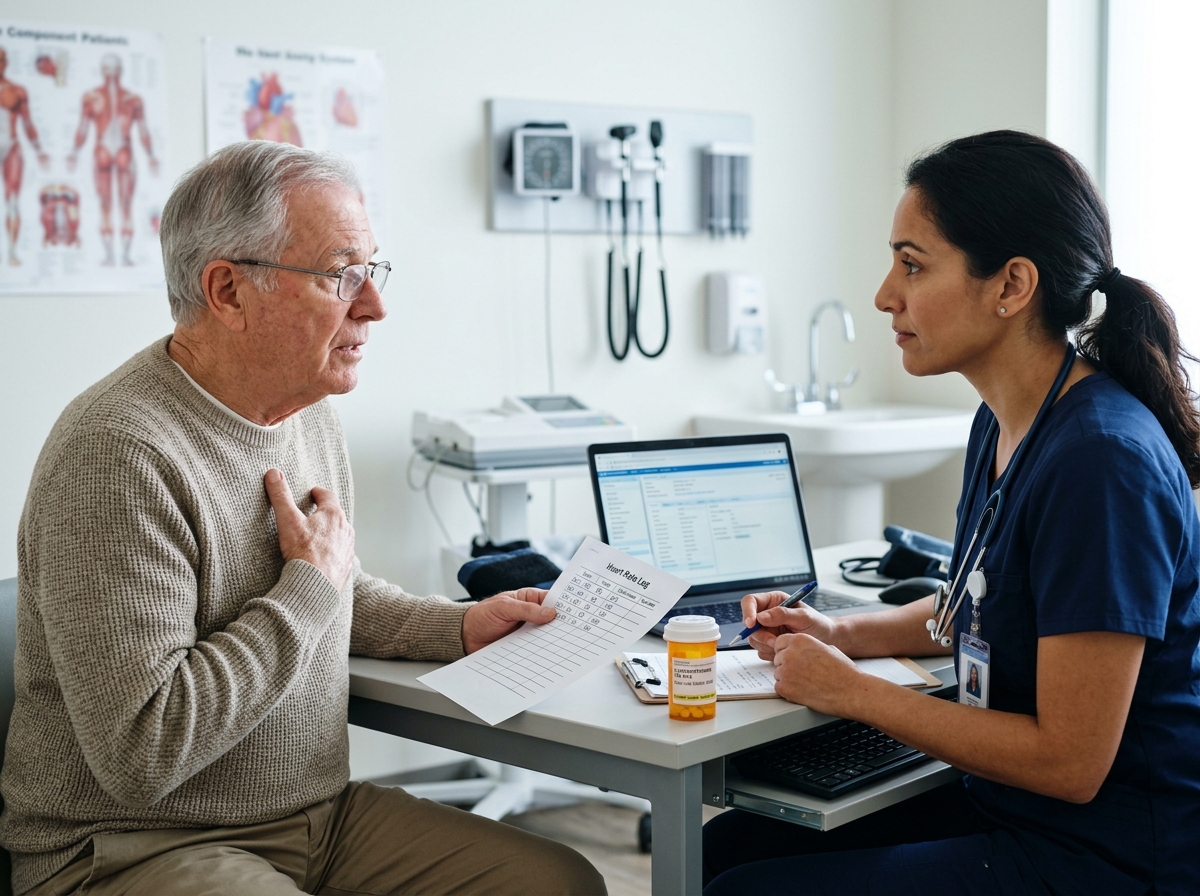An older adult discussing new palpitations with a clinician after a levothyroxine dose increase