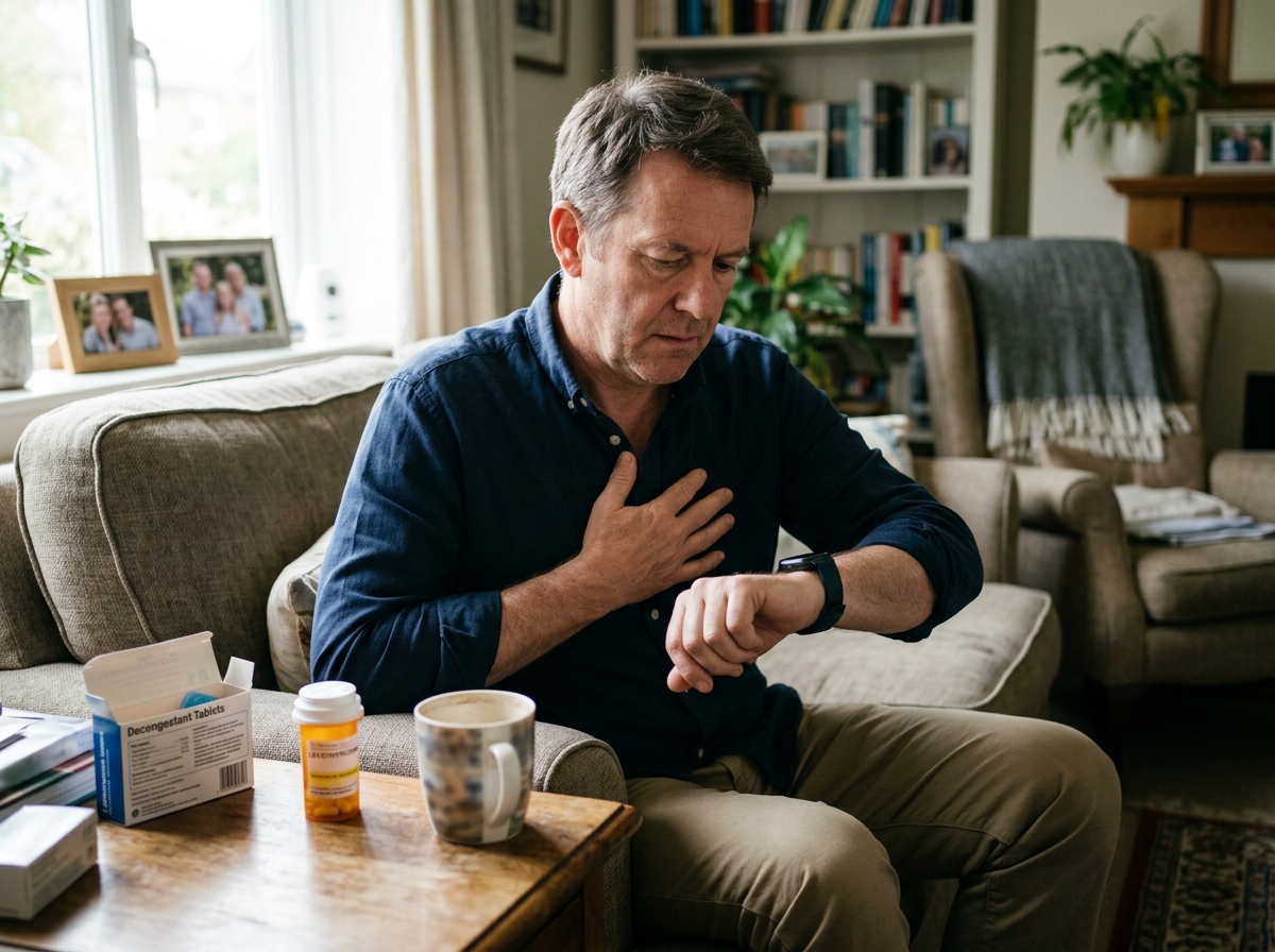 A patient checking pulse and smartwatch while sorting out whether palpitations may be related to levothyroxine, caffeine, or other triggers