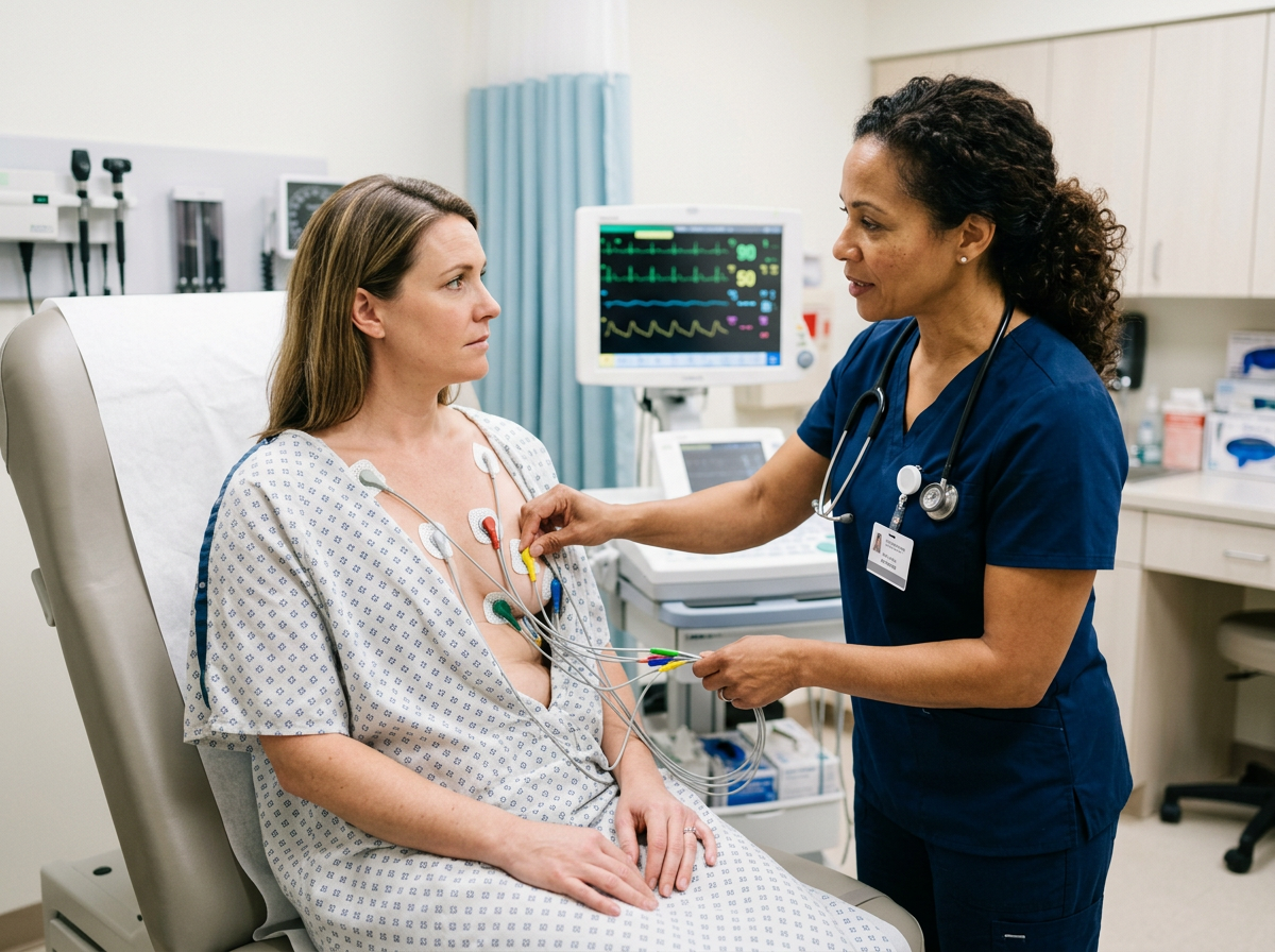 A patient receiving urgent cardiac evaluation with ECG leads after severe palpitations possibly related to levothyroxine
