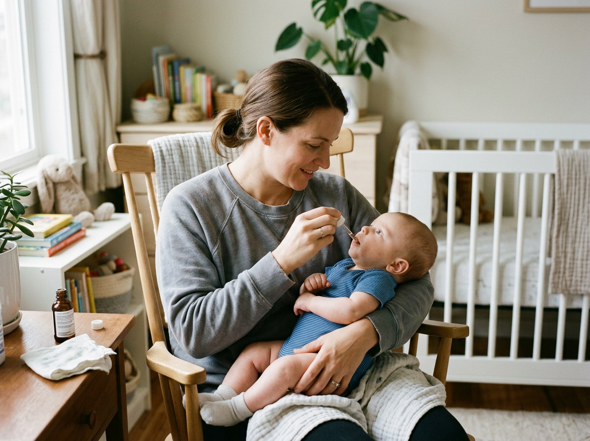 A parent carefully giving liquid levothyroxine to an infant with a dropper during a calm home routine
