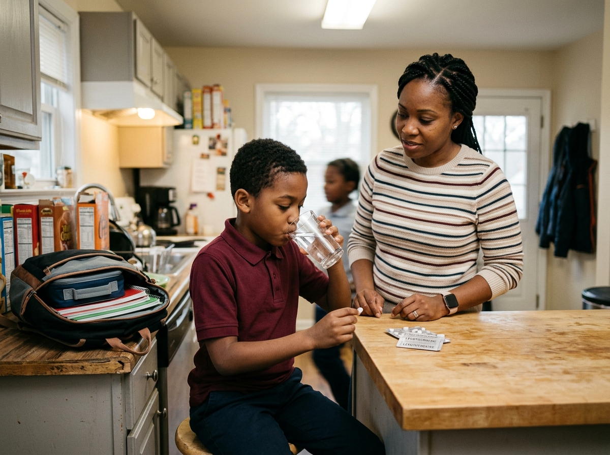 A school-age child taking a levothyroxine tablet with water before school while a parent supervises nearby