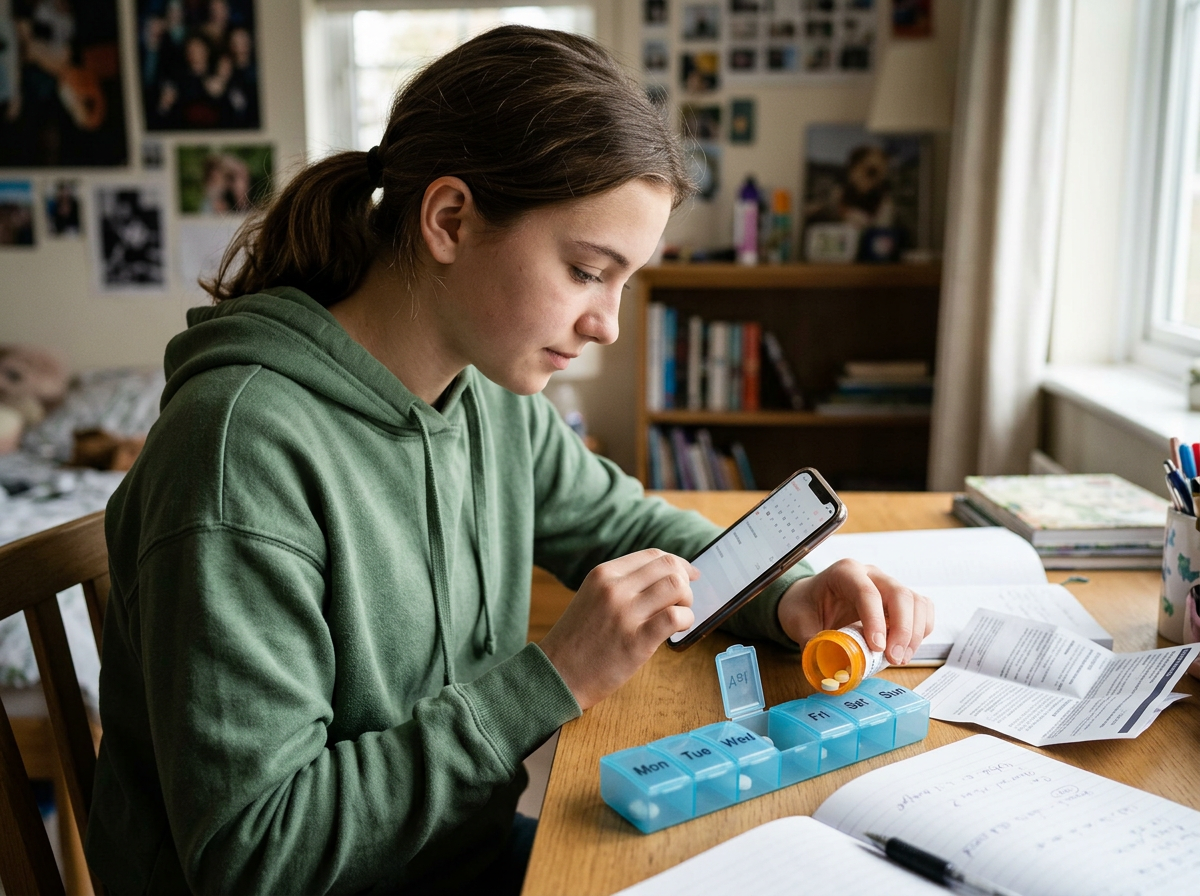 A teenager setting a phone reminder and managing levothyroxine with a weekly pill organizer