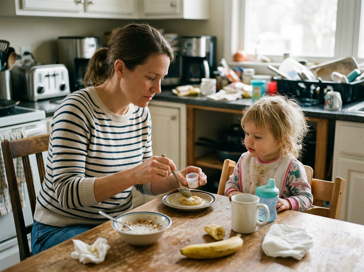 A parent preparing a toddler levothyroxine dose with applesauce as part of the morning routine