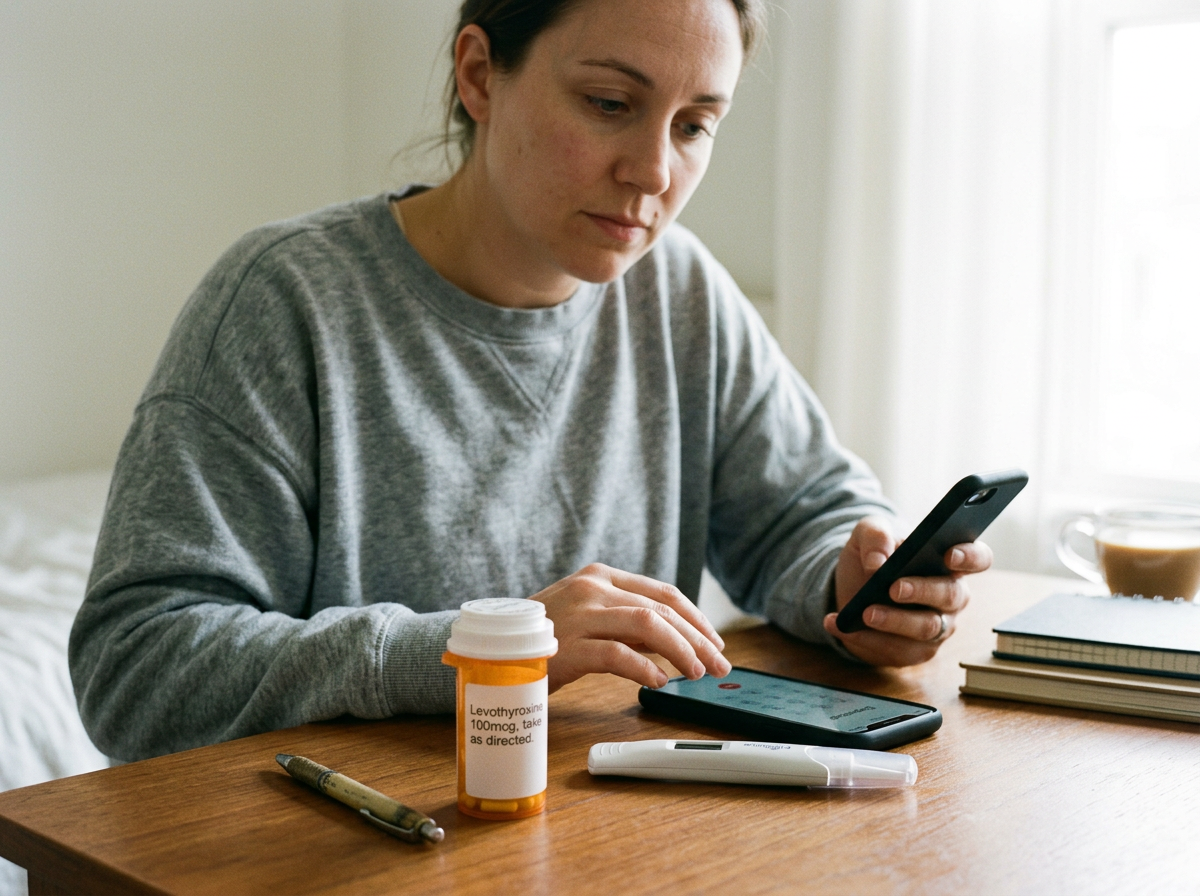 A woman with a positive pregnancy test sitting with her levothyroxine bottle and phone, preparing to call her clinician
