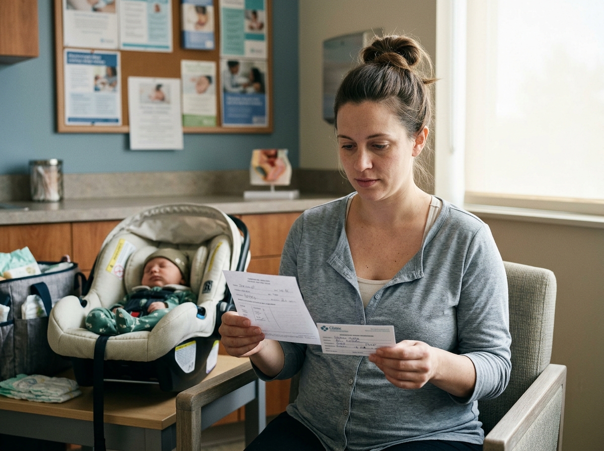 A new mother reviewing her levothyroxine dosing plan after delivery while her baby rests nearby