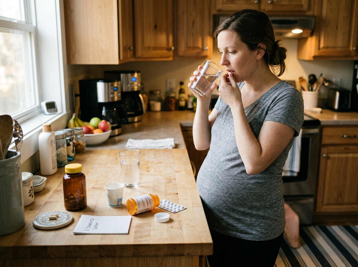 A pregnant woman taking levothyroxine with water while prenatal vitamins are set aside for later in the day