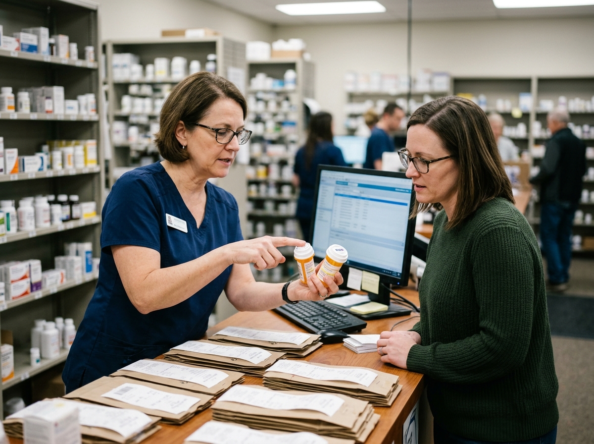 A pharmacist showing a patient that the levothyroxine manufacturer changed between refills