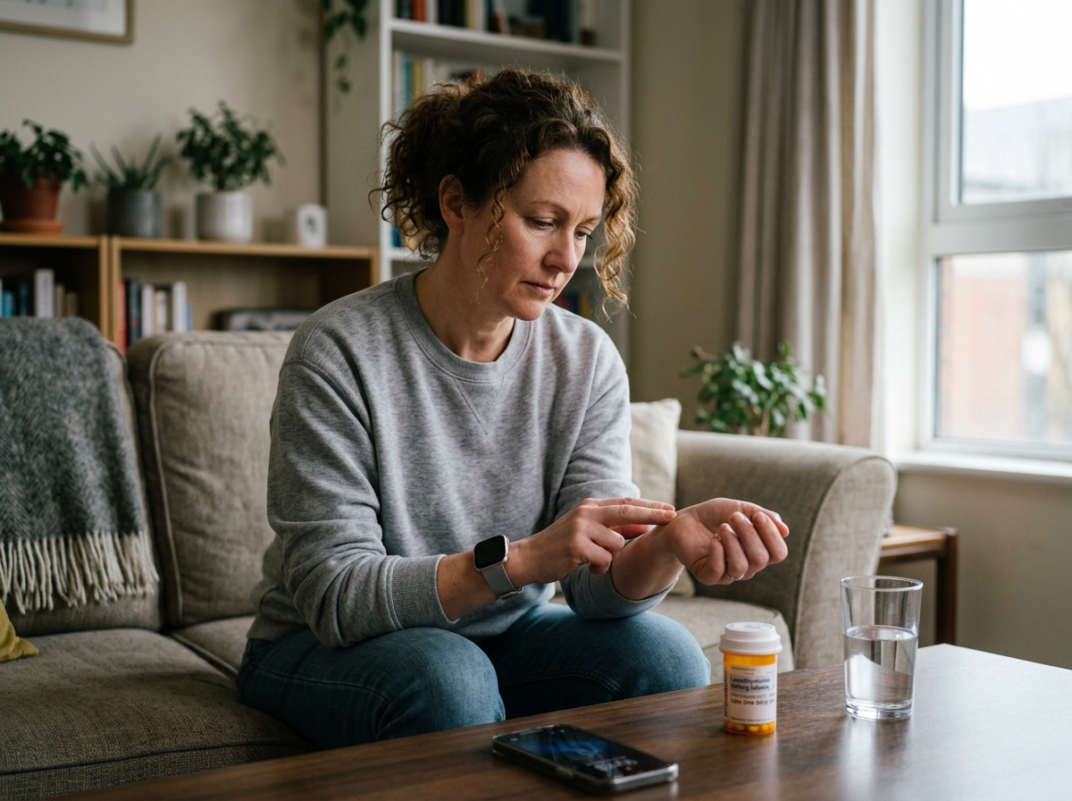 A patient checking pulse at home after feeling possible levothyroxine over-replacement symptoms