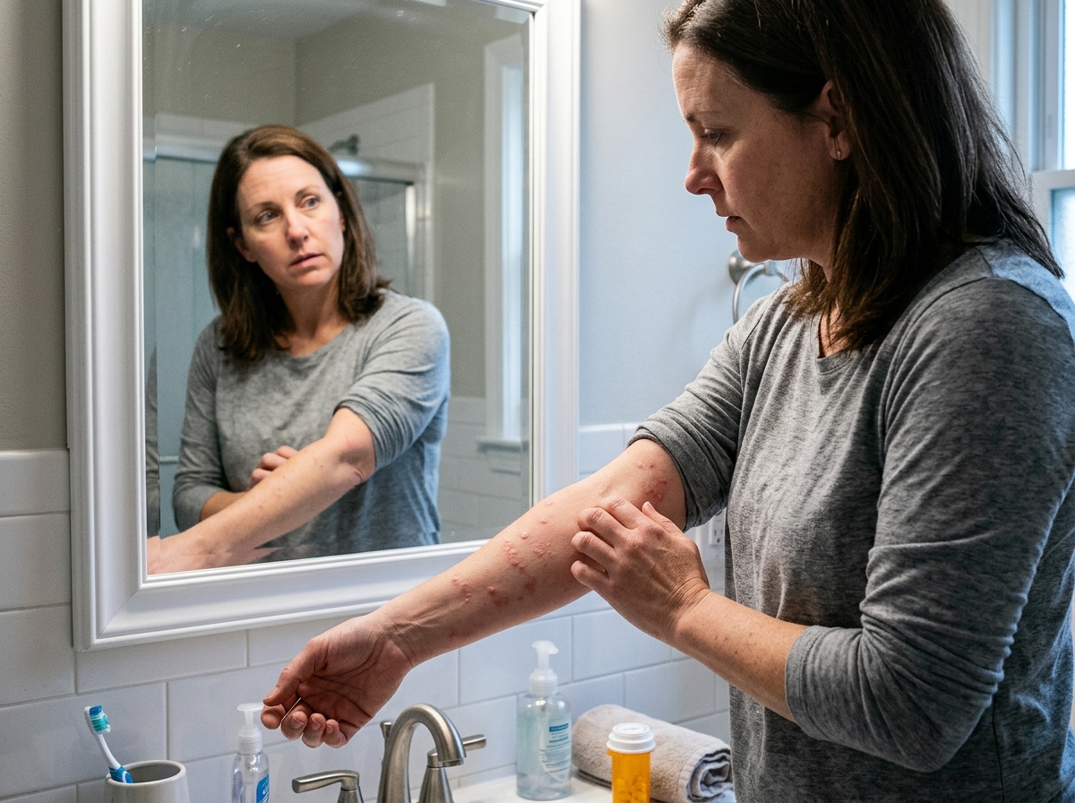 A woman examining a new rash on her forearm in a bathroom mirror after a medication refill change