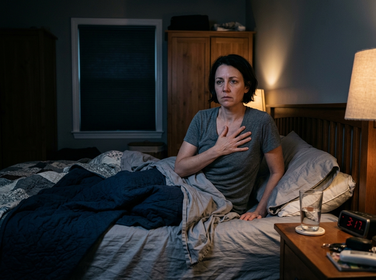 An adult sitting up awake in bed at night with insomnia and chest discomfort during possible levothyroxine dose problems