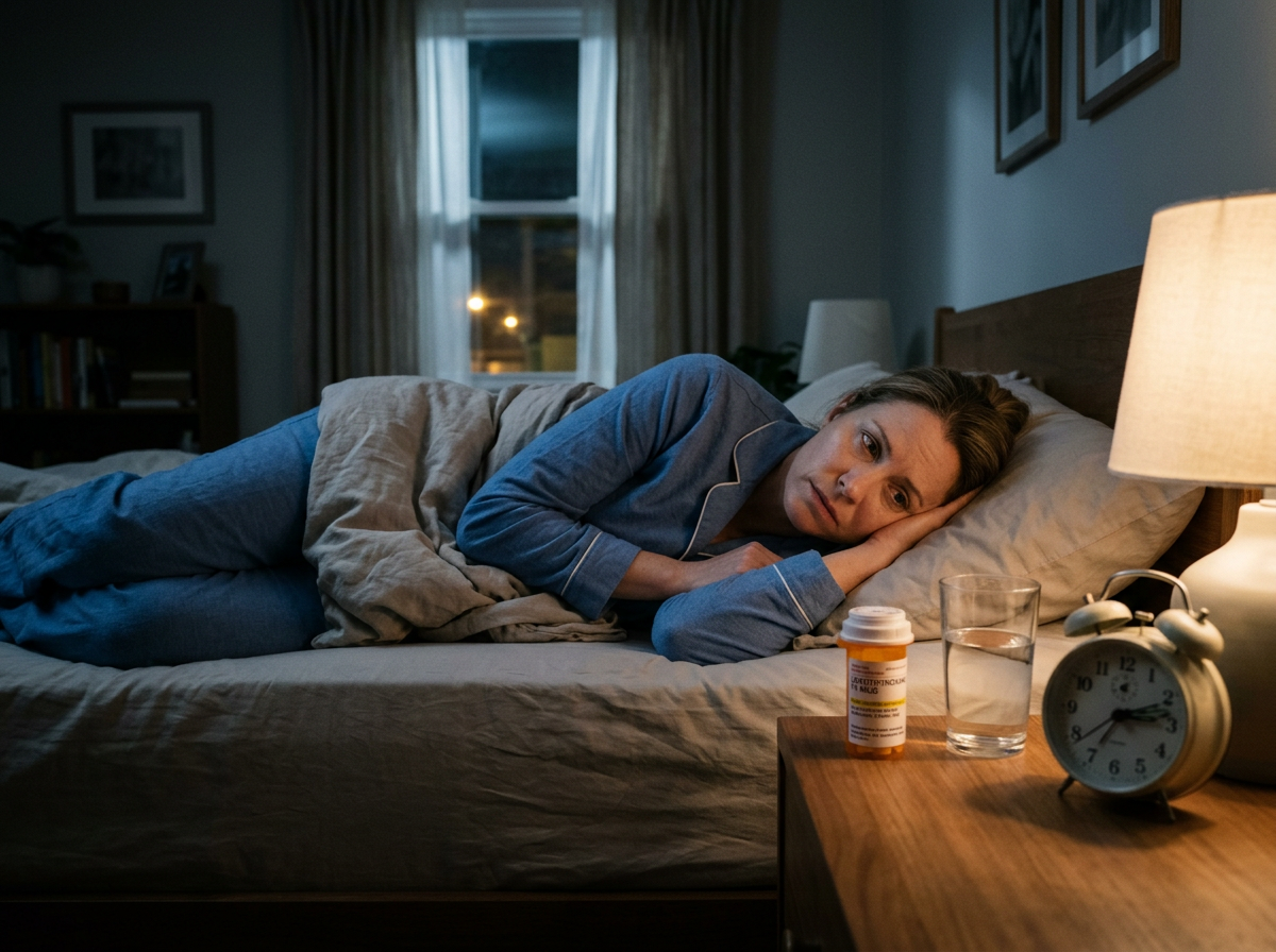 A patient awake at night with a levothyroxine bottle on the nightstand after developing side effects