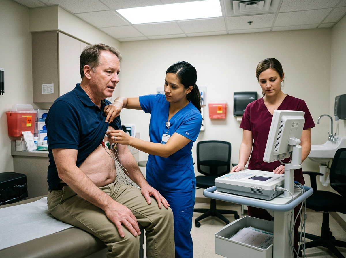 A patient in urgent care being prepared for an ECG after severe palpitations possibly related to levothyroxine overtreatment