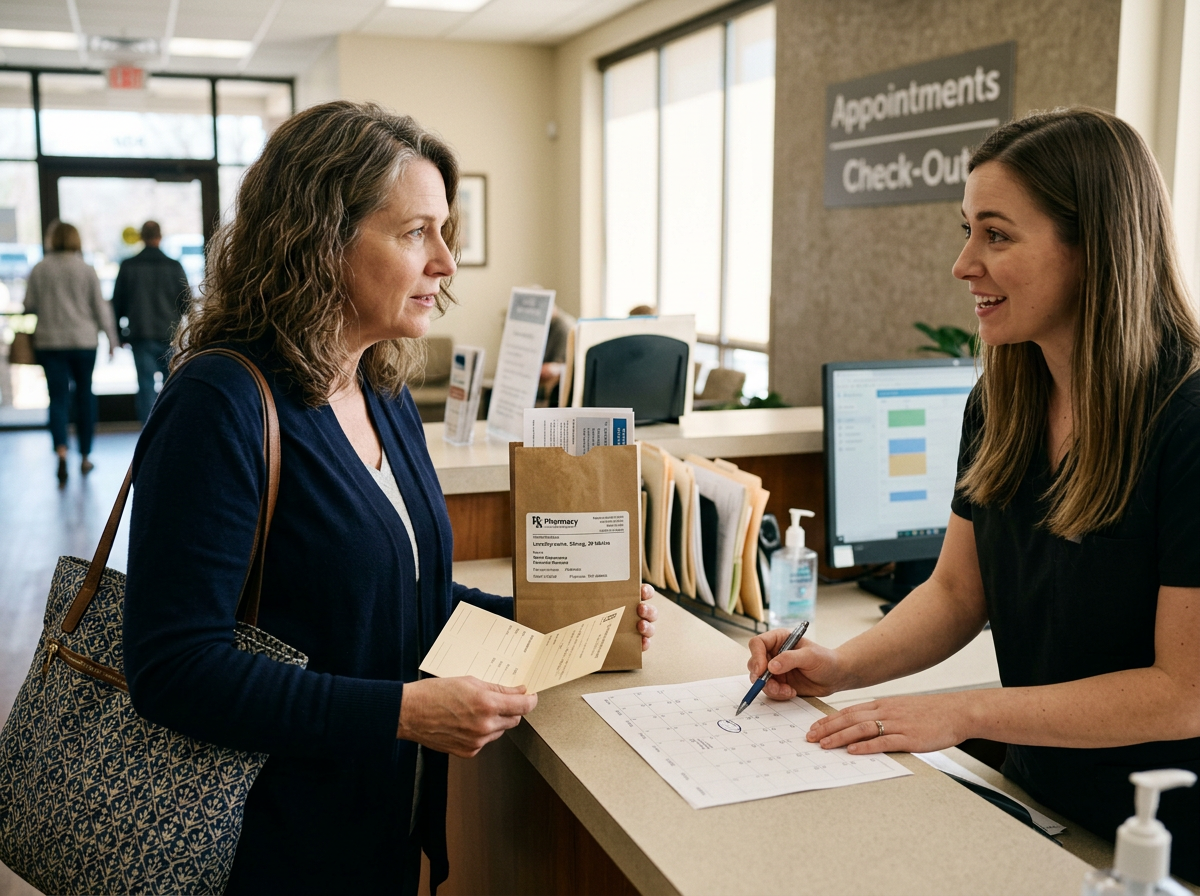 A patient leaving clinic with a new levothyroxine prescription and a follow-up lab plan