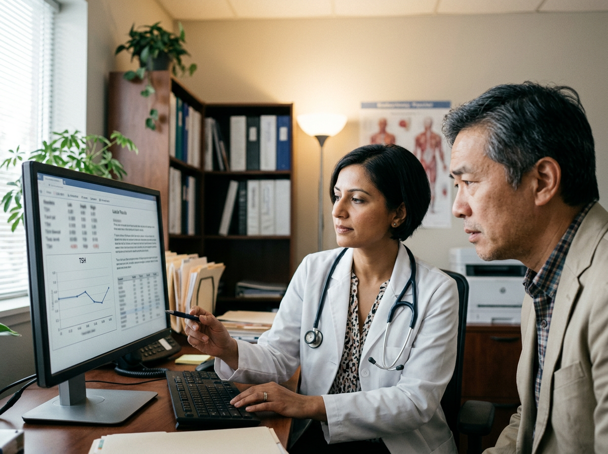 A clinician reviewing mildly abnormal thyroid lab results with an adult patient in an office visit