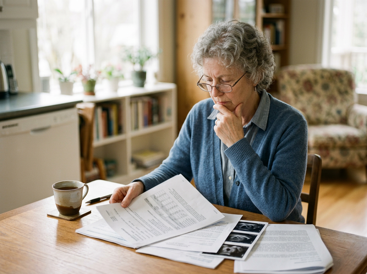 An older adult at home reviewing lab paperwork and considering whether thyroid treatment is necessary