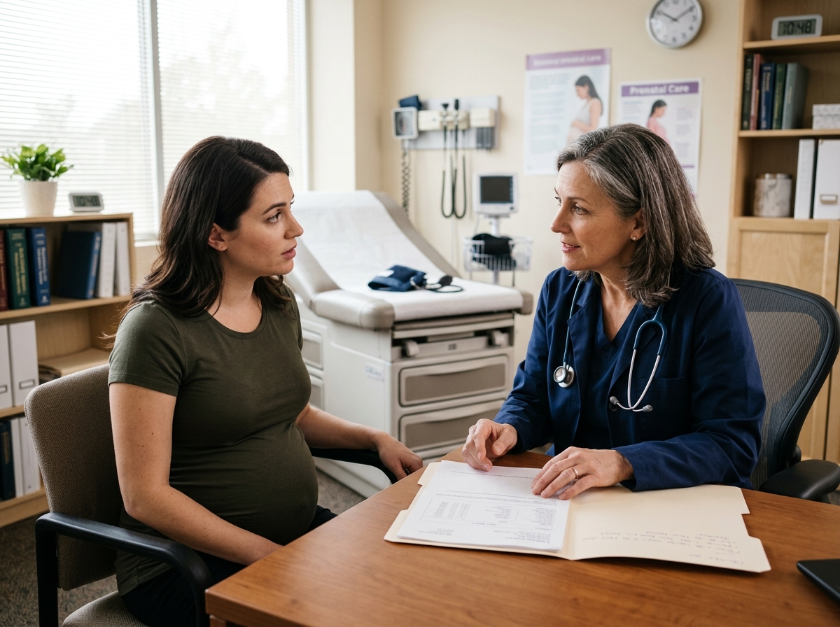 A pregnant woman discussing thyroid lab results with her clinician early in pregnancy