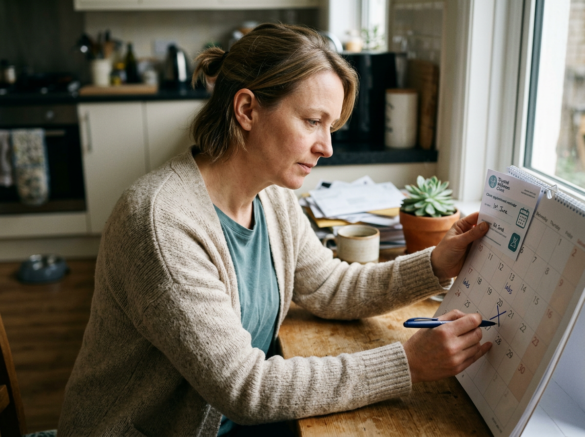 An adult at home marking a calendar reminder for repeat thyroid labs while planning follow-up monitoring