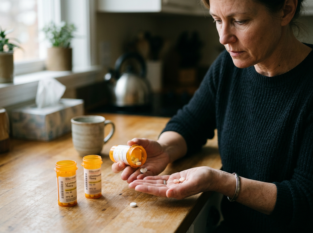 An adult at home comparing old and new levothyroxine tablets and bottles after a manufacturer switch