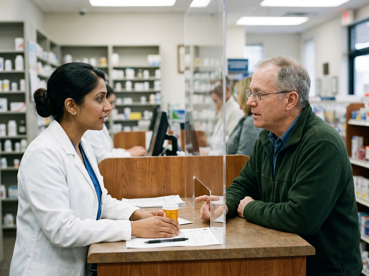 A patient talking with a pharmacist about keeping the same levothyroxine manufacturer for future refills
