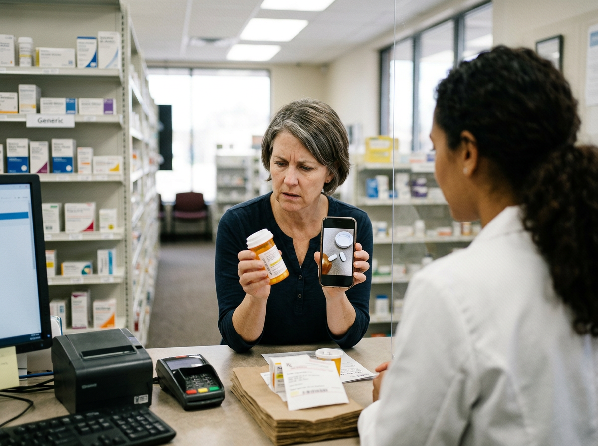 A patient at a pharmacy counter noticing that the levothyroxine bottle and tablet appearance changed from the last refill