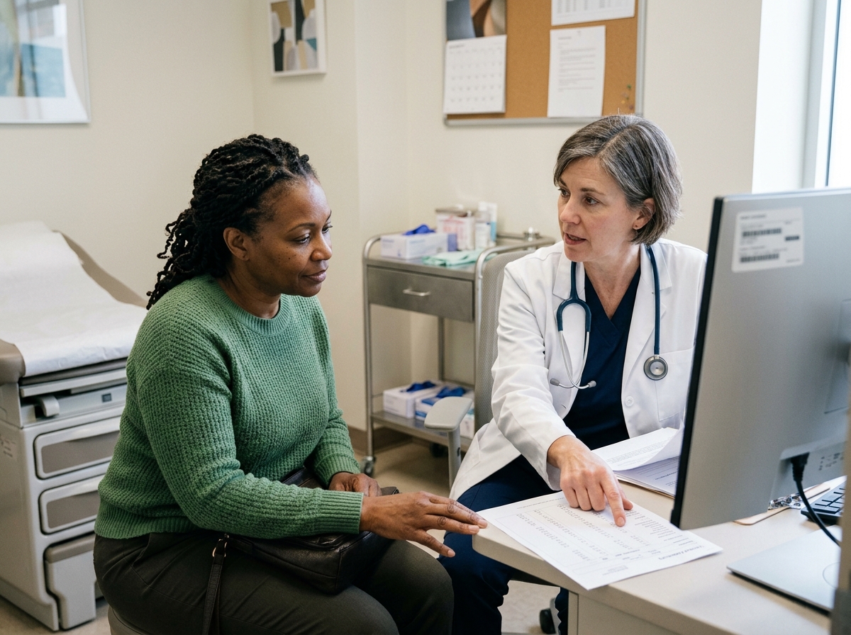 A clinician discussing thyroid labs and stubborn weight concerns with a patient in an exam room