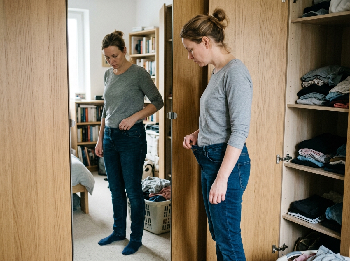 A woman in her bedroom trying on jeans and reflecting on body changes after starting levothyroxine