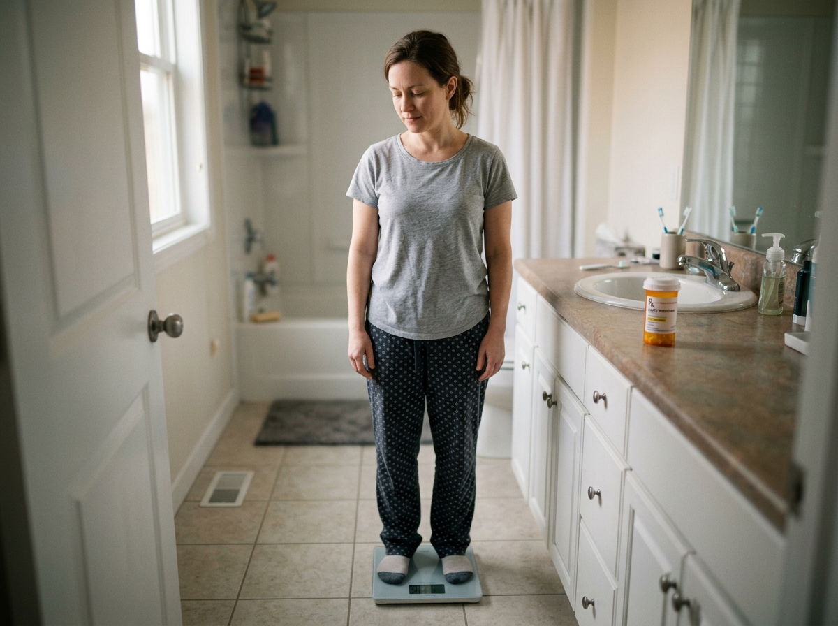 A woman standing on a bathroom scale in the morning while tracking weight during levothyroxine treatment